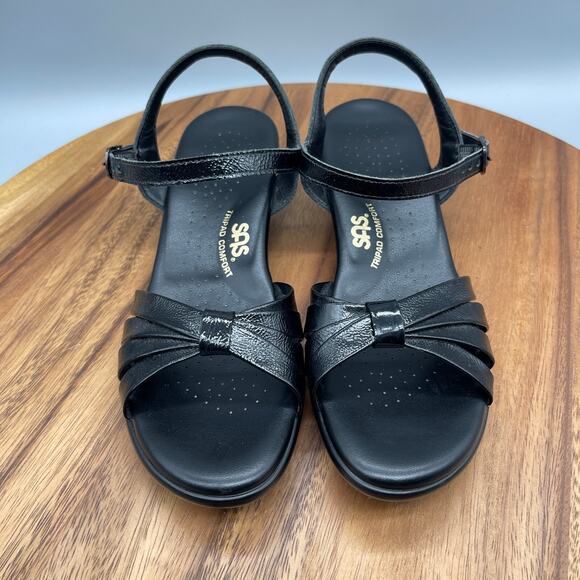 SAS Tripad Sandals Womens 8S AAA Black Patent Leather Wedge Sling Back Strappy - Picture 2 of 8